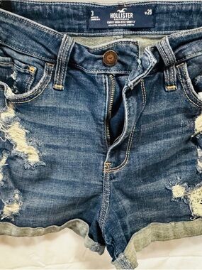 Hollister Women's Ripped Dark Blue Denim Shorts 3 curvy high rise 3” hem